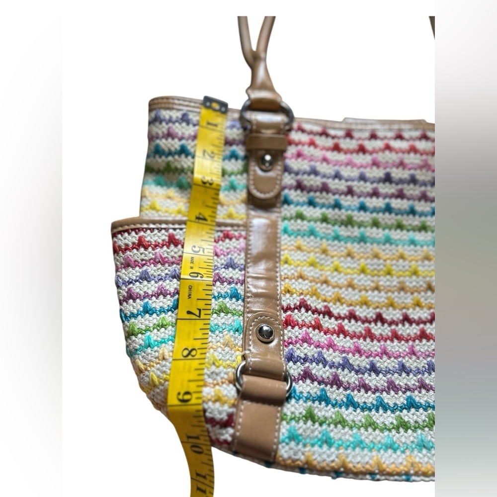 Woven Multicolor Straw Tote Bag Tan Faux Leather Handles Shoulder Purse - Picture 16 of 16
